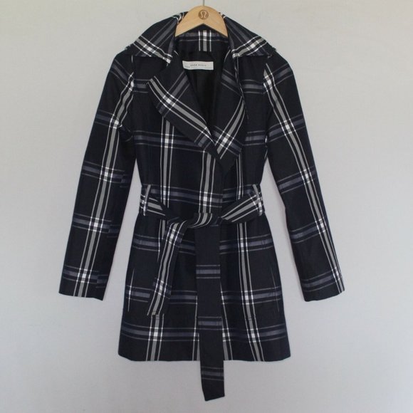 Zara Basic Plaid Trench Jacket Coat Navy H10451 - Picture 3 of 13